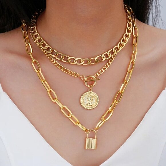 Vintage Style Coin Lock Pendants Gold Tone Layering Necklaces Old Money Style - Picture 2 of 5